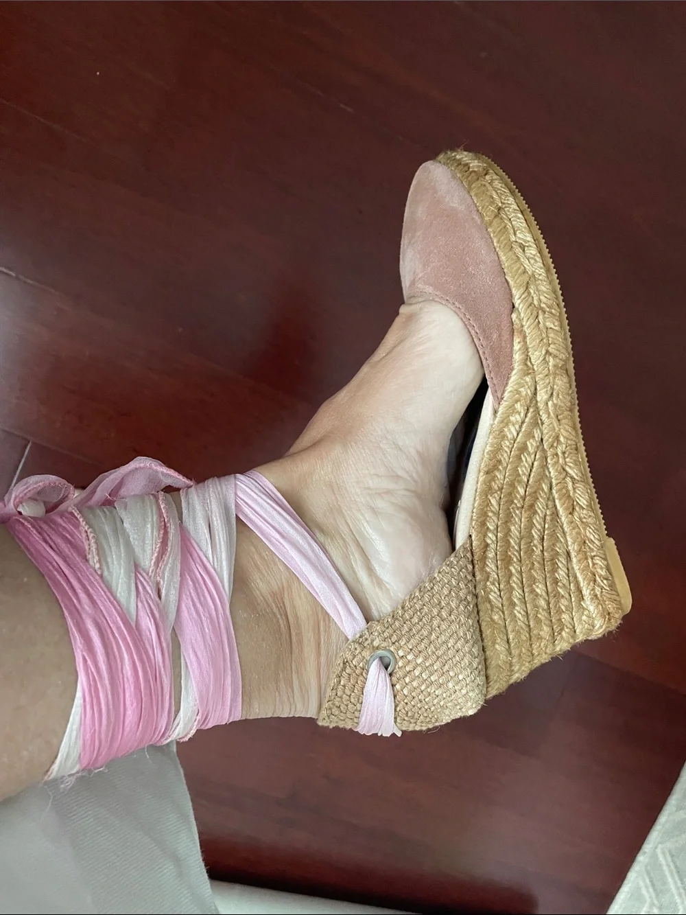 Gaimo Pink Suede Espadrille Wedges with Ankle Wraps Handmade in Spain  NWOT/BOX